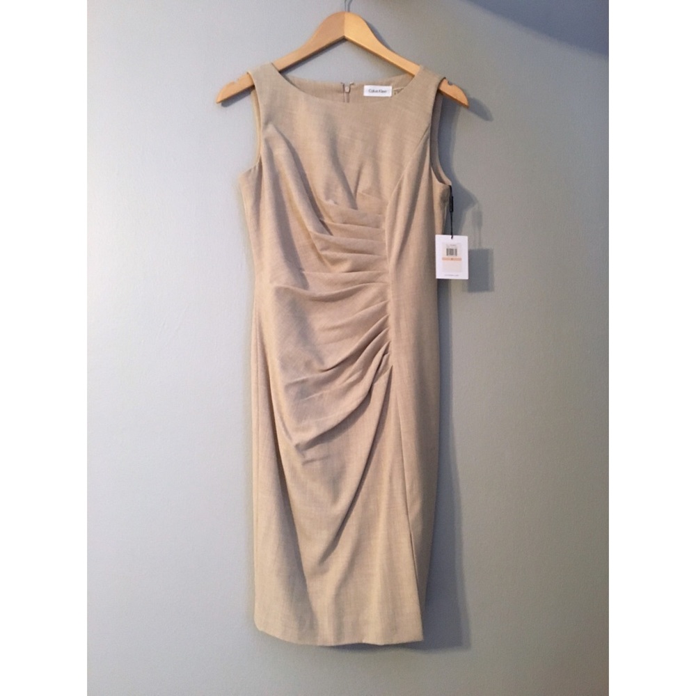 Tan pencil dress with flattering rouched waist